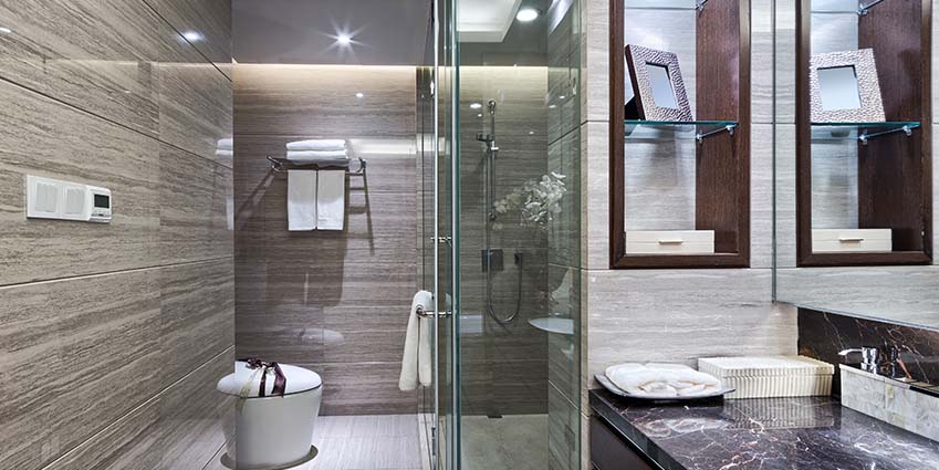 Luxury hotel bathroom interior and upscale furniture with modern