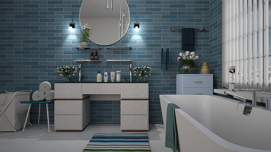 Bathroom With Blue Tiles, Vanity and Tub