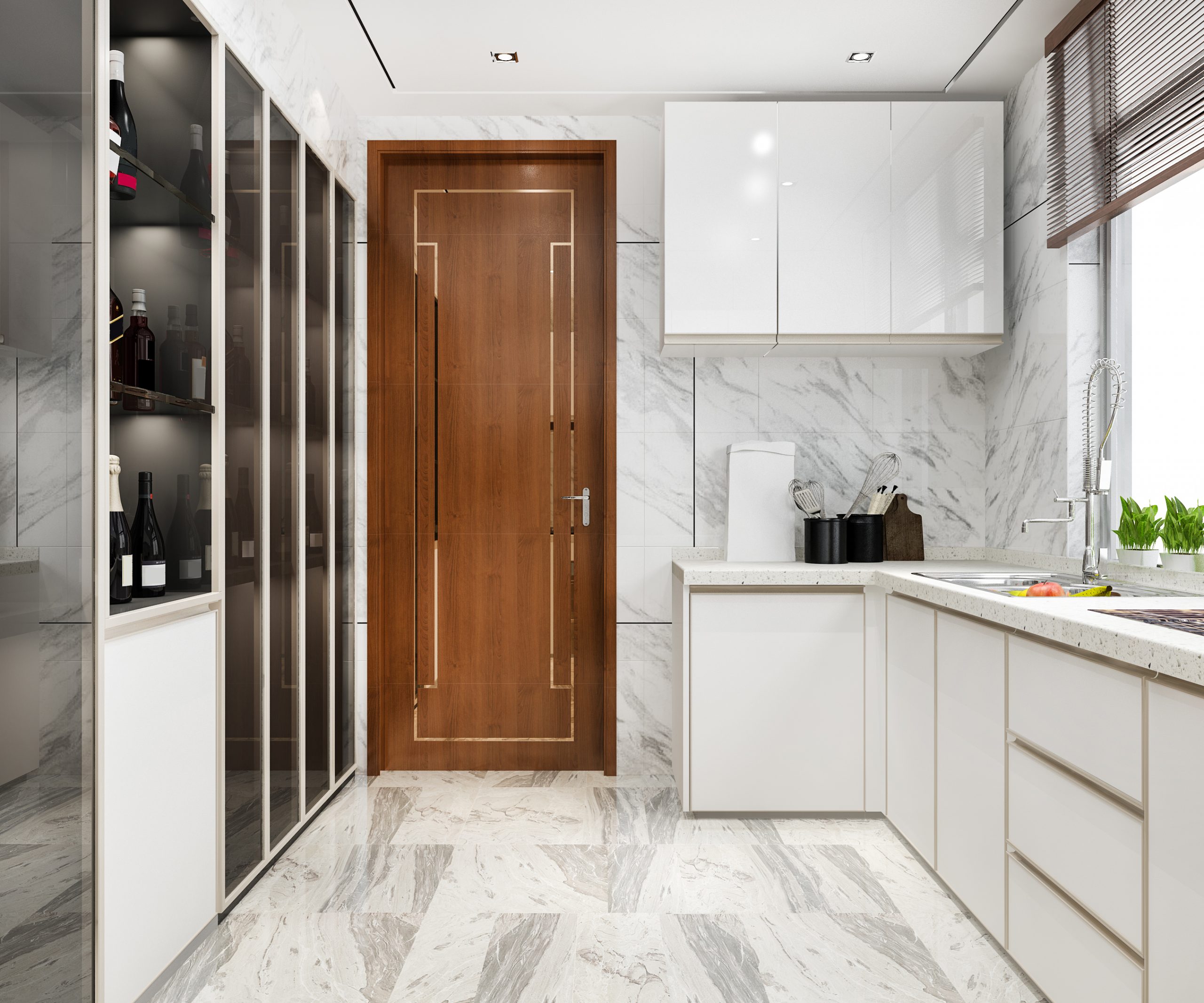 white minimal kitchen with wood decoration